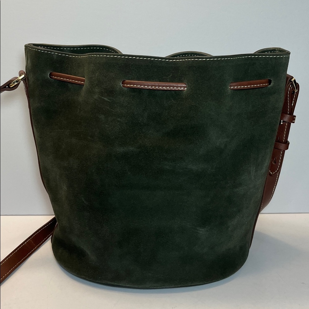 J. McLaughlin Ariana Green Suede Bucket Bag, brown leather trim - Picture 4 of 7